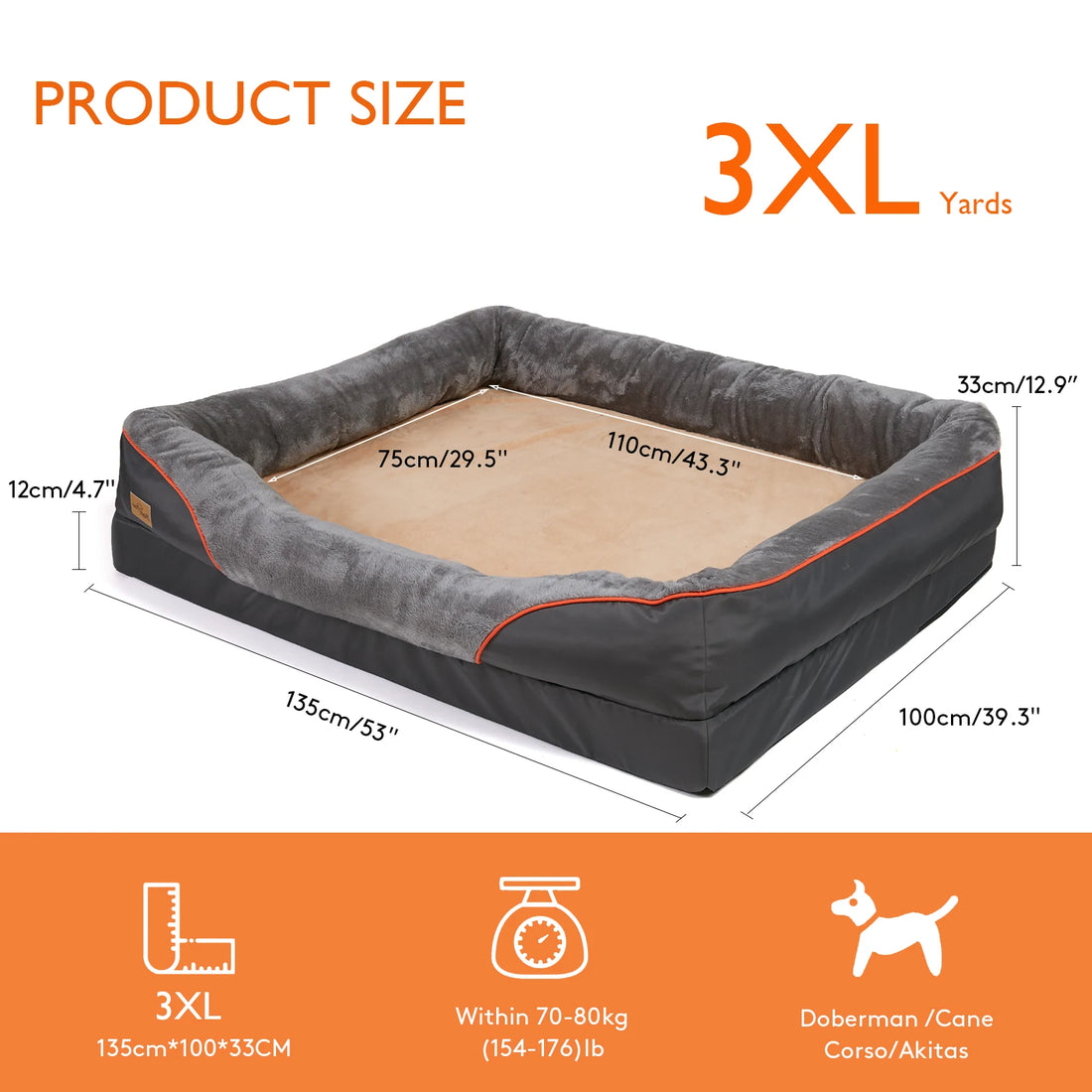 Orthopedic Foam Dog Bed with Bolster (L–3XL)