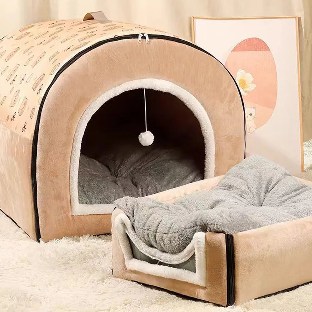 23" 2-in-1 Cat Cave Bed with Cushion