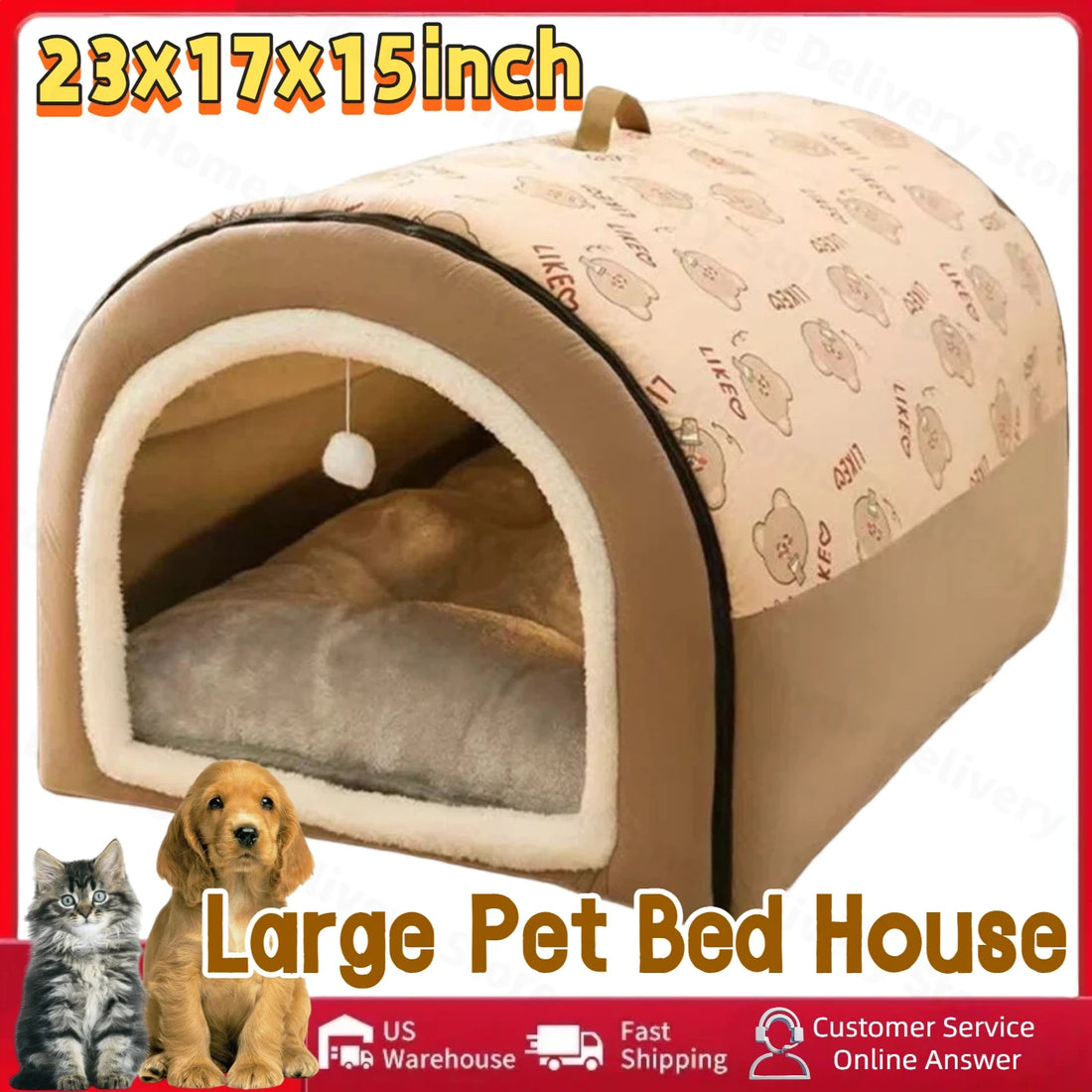 23" 2-in-1 Cat Cave Bed with Cushion