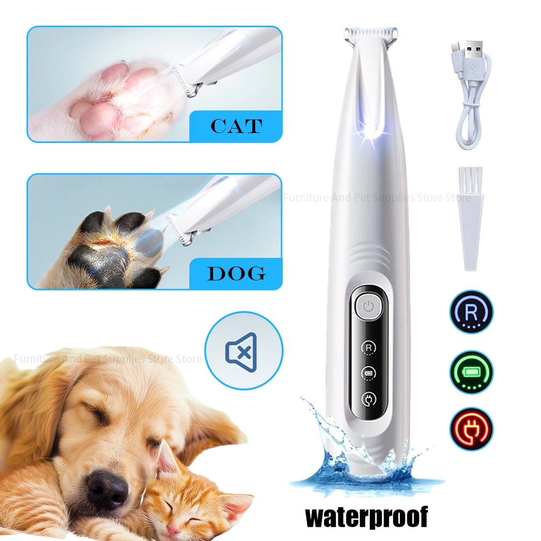 Waterproof Dog Paw Trimmer with LED Light & Display