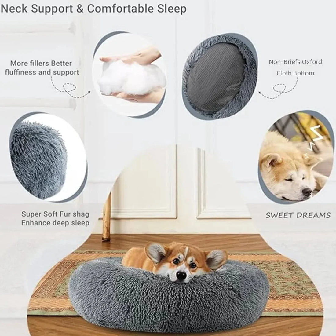 Round Plush Pet Bed for Cats & Dogs (40–90cm)