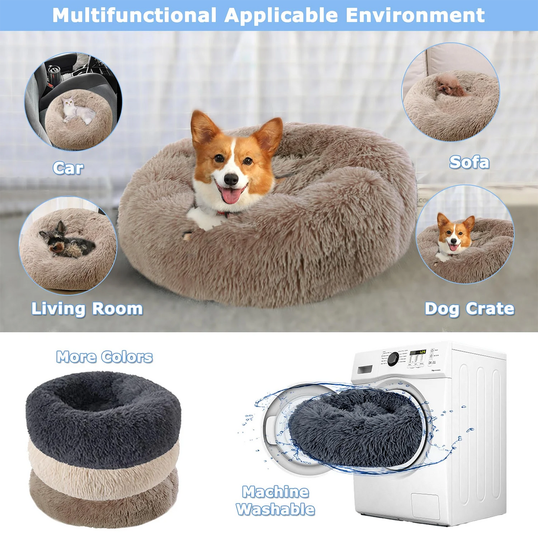 Round Plush Pet Bed for Cats & Dogs (40–90cm)