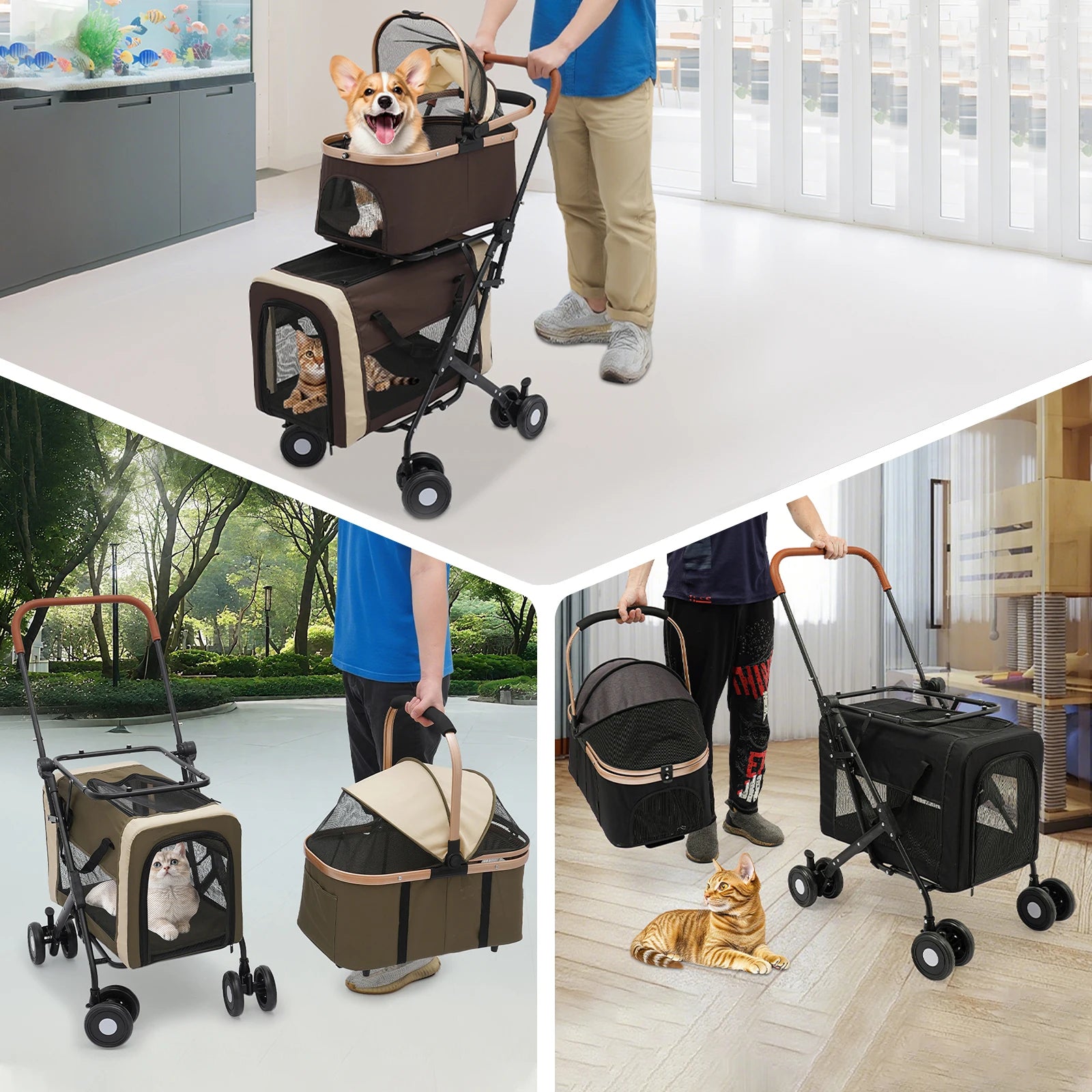 Double-Tier Foldable Pet Stroller for Dogs & Cats