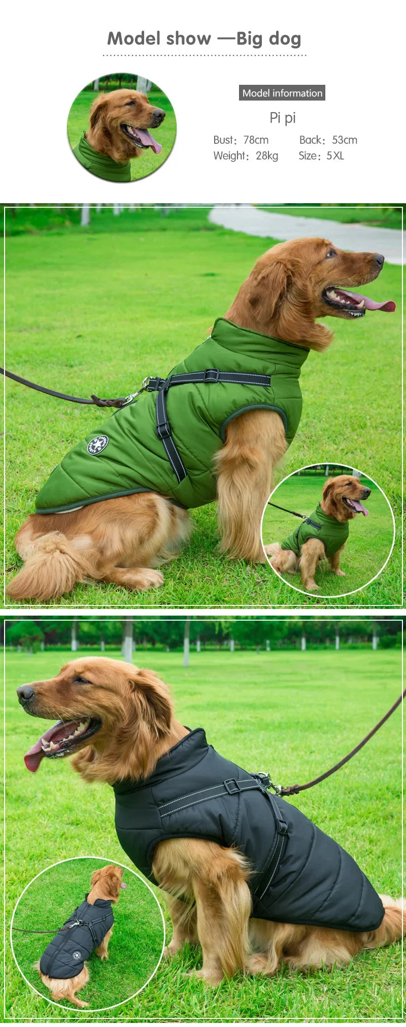 Waterproof Winter Dog Jacket with Harness for Large Dogs