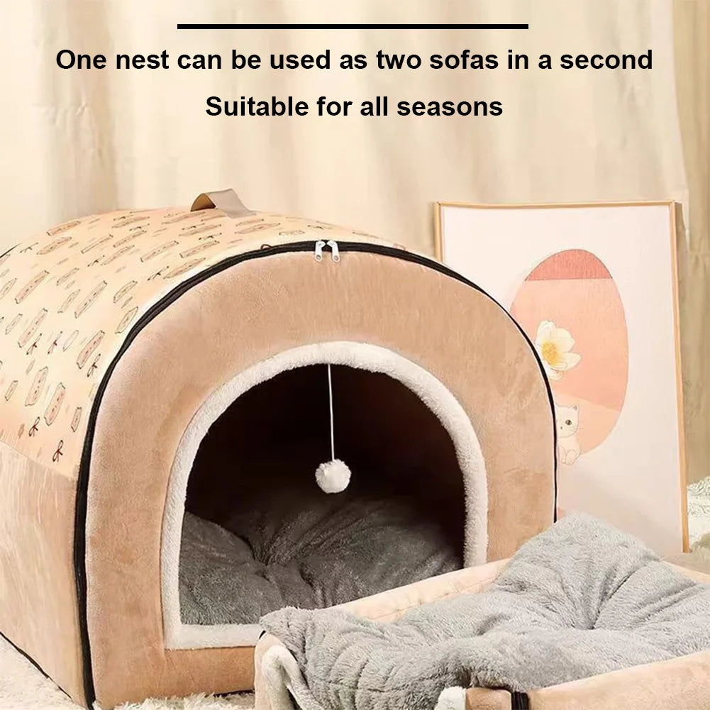 23" 2-in-1 Cat Cave Bed with Cushion