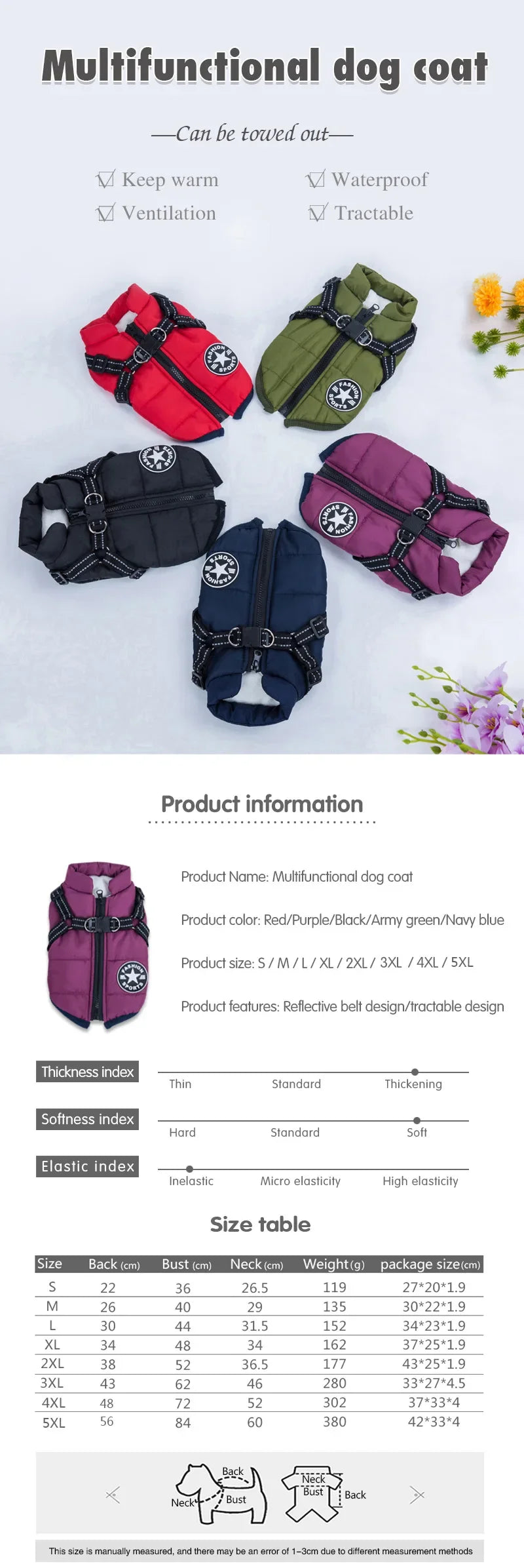 Waterproof Winter Dog Jacket with Harness for Large Dogs